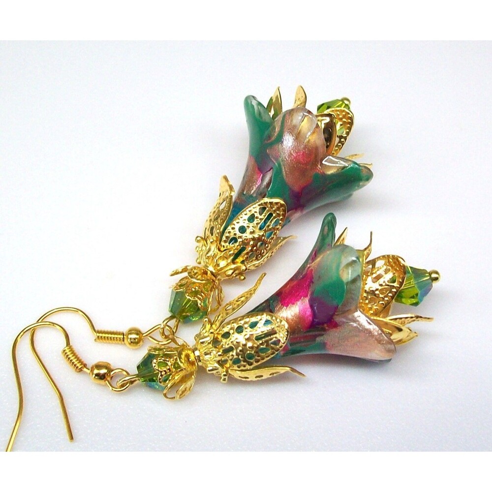 Boho Floral Dangle Earrings, Hand Painted, Flower Jewelry, Artisan Crafted